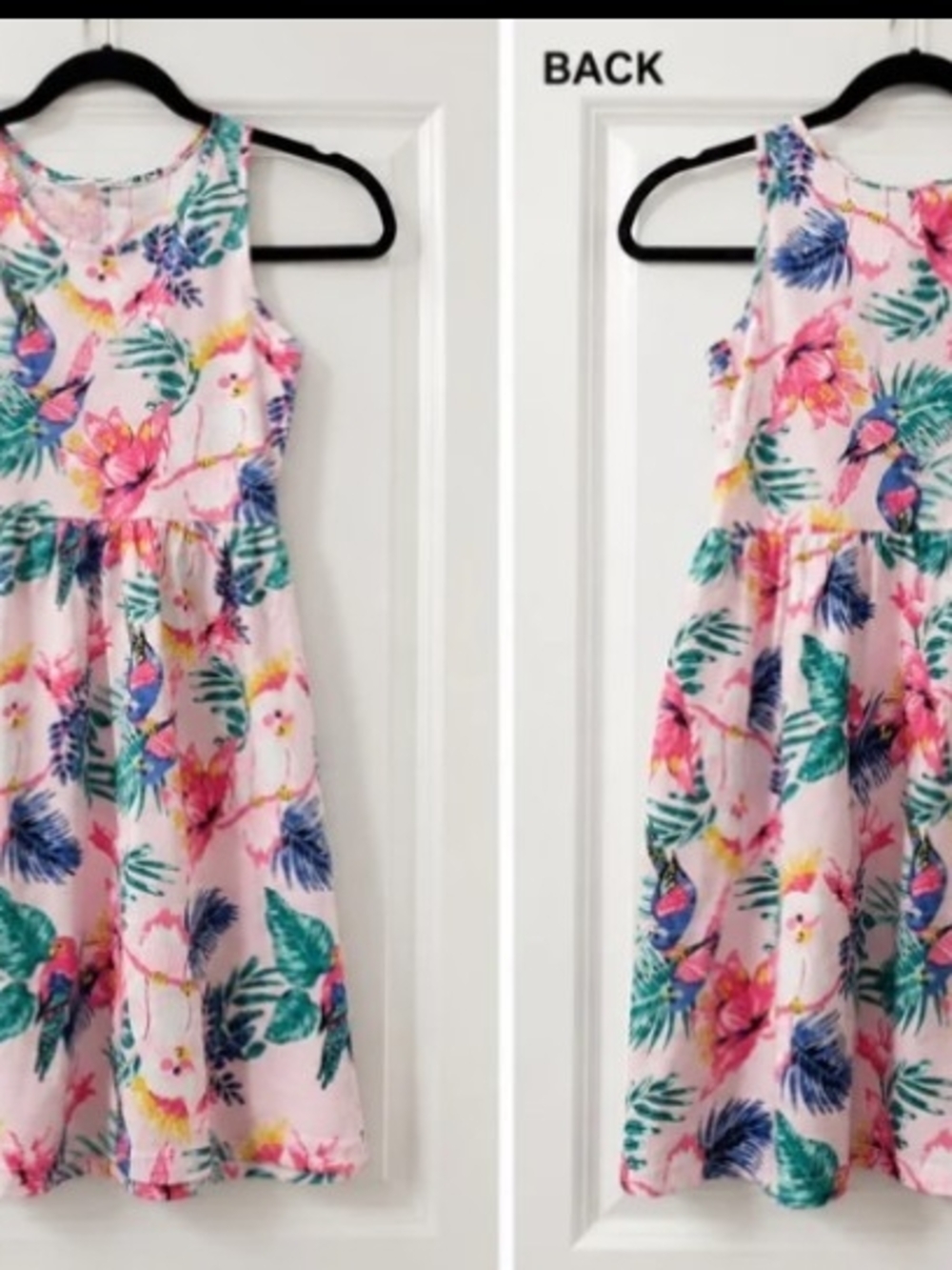 H&M Girls Pink Tropical Bird Sleeveless Dress Size 8-10 Tropicalcore Sundress